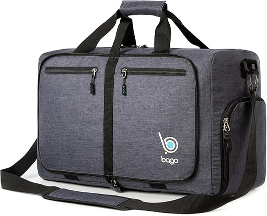 Bago Foldable Duffel Bags for Traveling Women & Men - 40L Sports Packable Duffle Bag for Travel with Shoe Compartment - Water Repellant, Heavy Duty, Lightweight Folding & Collapsible (SnowBlack)