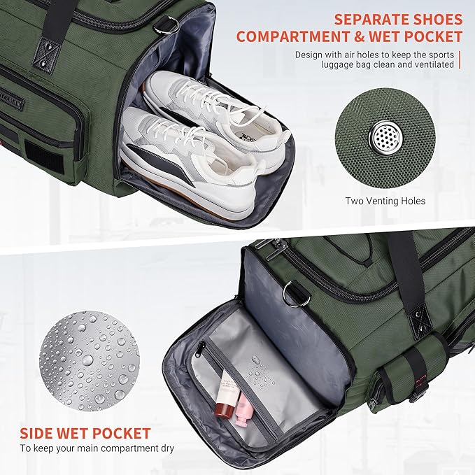 WITZMAN Travel Duffel Bags for Men Large Carry On Weekender Overnight Bag 3 in 1 Backpack with Shoe Compartment (B693 Army Green）