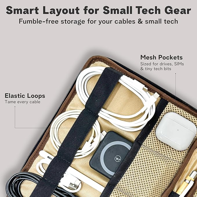 Leather Tech Pouch, Electronics Organizer Travel Case, Leather Passport Holder for Travel, Cord Organizer Tech Bag, Document Holder