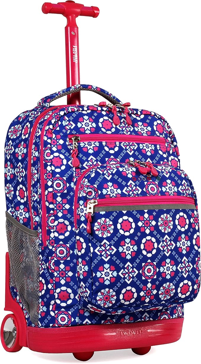 J World Sundance Laptop Rolling Backpack for Girls Boys. Roller Bookbag with Wheels, Trinket