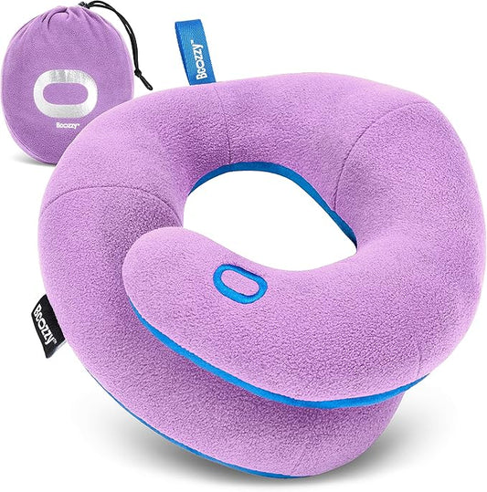 BCOZZY Kids Chin Supporting Travel Pillow for Ages 8–12- Patented Soft Neck Pillow for Head and Chin Support in Car Seat and Airplane. Comfortable Travel Essential. Small Size, Bag, Light Purple