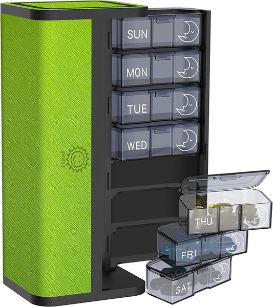 7-Day AM/PM Pill Organizer with Scratch-Resistant Leather Case - Portable Weekly Travel Medicine Box with Detachable Daily Pods & Privacy Design (Dark Green)