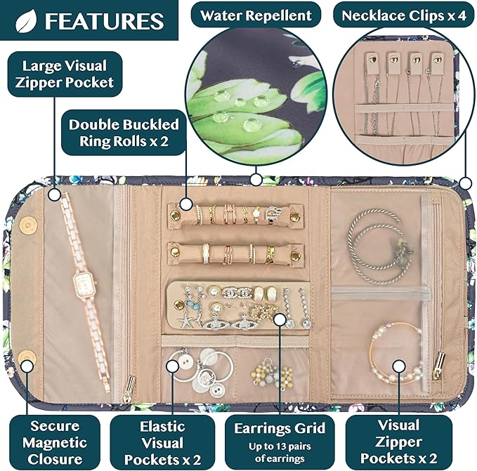 Pavilia Foldable Jewelry Organizer - Travel Roll Bag with Compartments for Earrings, Rings, Necklaces, Bracelets - Packing Accessory