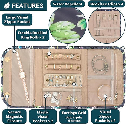 Pavilia Foldable Jewelry Organizer - Travel Roll Bag with Compartments for Earrings, Rings, Necklaces, Bracelets - Packing Accessory