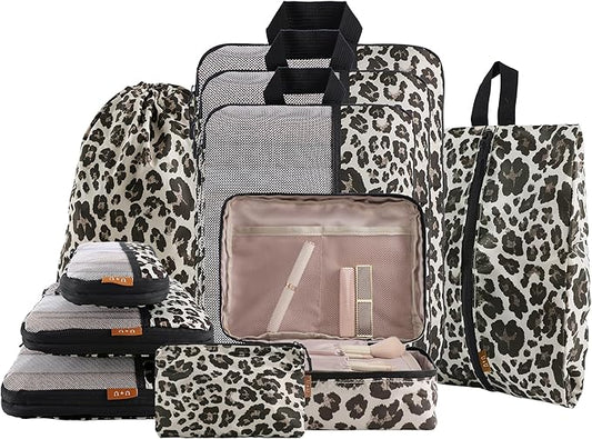 U+U 10 Set Compression Packing Cubes - Ultralight Leopard Travel Organizers with Laundry Bag, Space-Saving Suitcase Organizer, Expandable Packing Cubes for Travel and Family Vacation (Leopard)