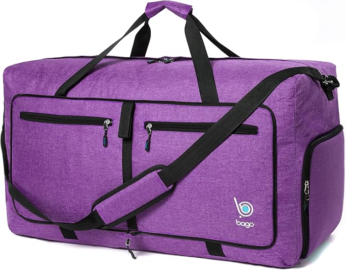 Bago Foldable Duffel Bags for Traveling Women & Men - 60L Medium Packable Duffle Bag for Travel with Shoe Compartment - Water Repellant, Heavy Duty, Lightweight Folding & Collapsible (SnowDepPurple)