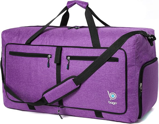 Bago Foldable Duffel Bags for Traveling Women & Men - 60L Medium Packable Duffle Bag for Travel with Shoe Compartment - Water Repellant, Heavy Duty, Lightweight Folding & Collapsible (SnowDepPurple)