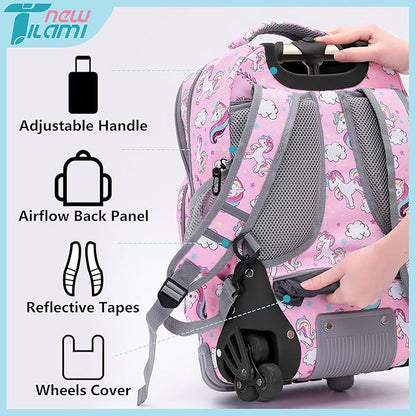 NEW TILAMI 18 Inch Rolling Backpack with Wheels for Girls Boys Kids Laptop Backpack School Travel, Pink Unicorn