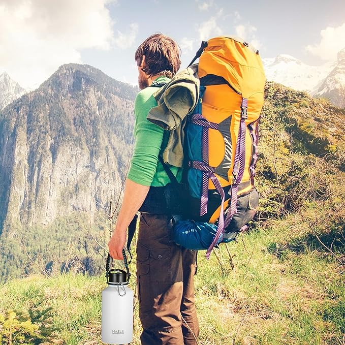 HASLE OUTFITTERS Half Gallon Insulated Water Bottles 64 oz, Stainless Steel Metal Water Jug with 2 Lids Keep Cold 48h/Hot 24h, Leak Proof & BPA-Free Water Flask Jug(White,1)