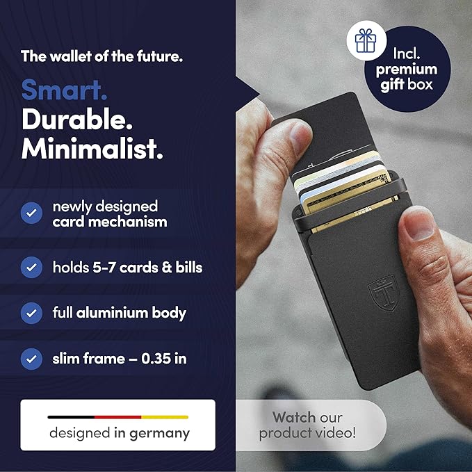 TRAVANDO SLYDE Aluminum Card Holder - RFID Blocking Slim Wallet for Men with Money Clip – Holds Up to 7 Cards – RFID Protected Credit Card Mens Wallet (Black)