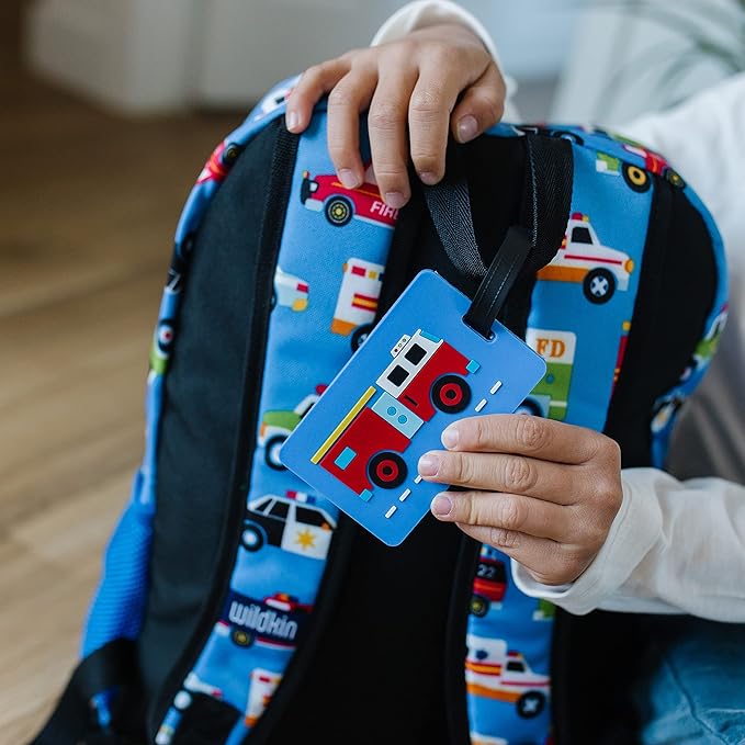 Wildkin Kids Luggage Tags – Set of 2, Durable Bag Tags w/Info Card for Suitcases & Backpacks - Fire Truck