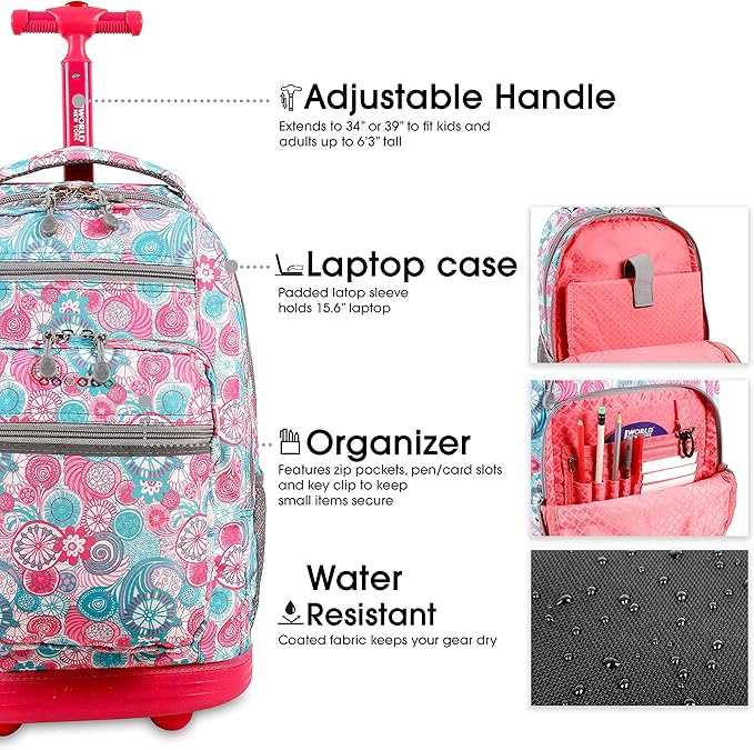 J World Sundance Laptop Rolling Backpack for Girls Boys. Roller Bookbag with Wheels, Blue Raspberry