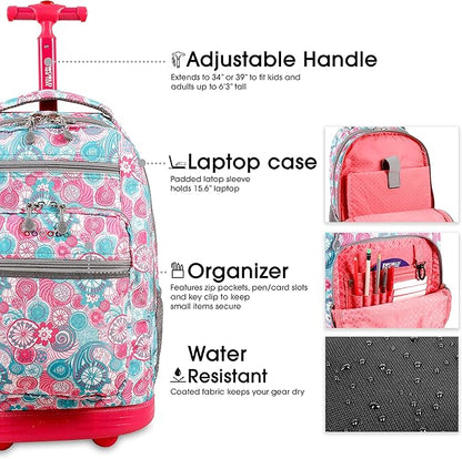 J World Sundance Laptop Rolling Backpack for Girls Boys. Roller Bookbag with Wheels, Blue Raspberry