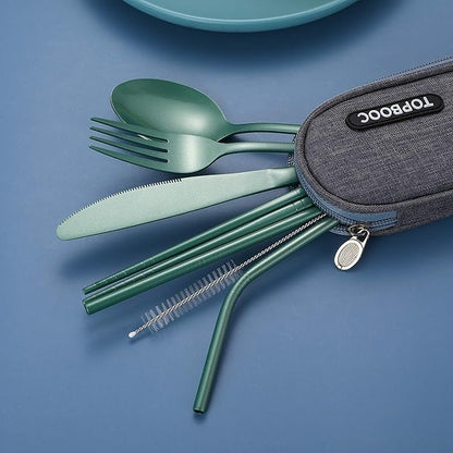 Portable Stainless Steel Flatware Set, Travel Camping Cutlery Set, Portable Utensil Travel Silverware Dinnerware Set with a Waterproof Case (Green)