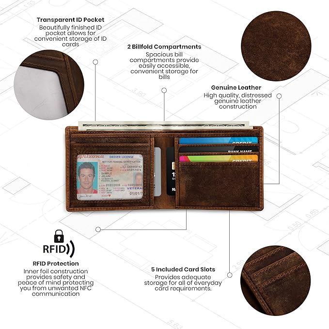 Brown Mens Leather Bifold Wallet with RFID Blocking Theft Protection, 5 card wallet slots & ID Window. Slim minimalist, distressed leather wallets for men.