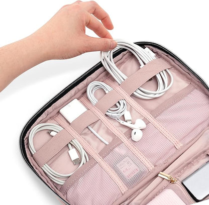 Pavilia Tech Organizer Case - Cable & Charger Storage, Travel Accessories - Pink Quilt