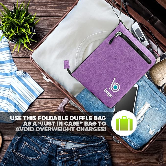 Bago Foldable Duffel Bags for Traveling Women & Men - 40L Sports Packable Duffle Bag for Travel with Shoe Compartment - Water Repellant, Heavy Duty, Lightweight Folding & Collapsible (SnowDepPurple)