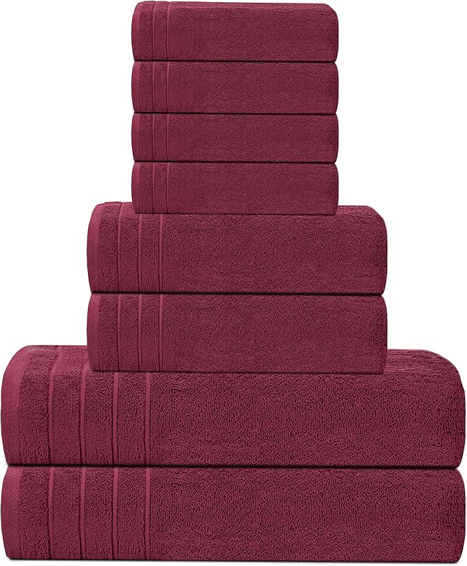 Tens Towels Pack of 8 Towels Set, 2 Extra Large Bath, 2 Hand, 4 Washcloths, 100% Cotton, Lighter Weight, Quicker to Dry, Super Absorbent, Perfect for Bathroom, Burgundy