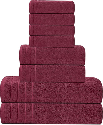 Tens Towels Pack of 8 Towels Set, 2 Extra Large Bath, 2 Hand, 4 Washcloths, 100% Cotton, Lighter Weight, Quicker to Dry, Super Absorbent, Perfect for Bathroom, Burgundy