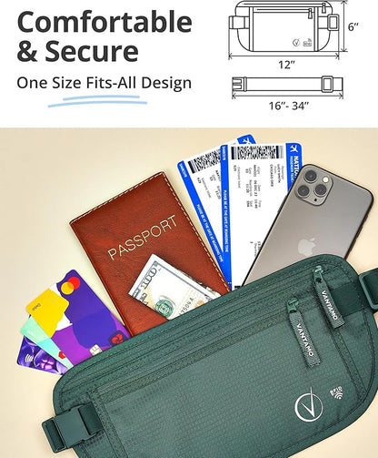 Vantamo Money Belt with RFID For Men & Women, Hidden Passport Holder for Travel, 2 Compartment Travel Fanny Pack for Women Anti Theft