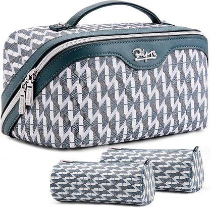 BOYATU Travel Makeup Bags for Women: Large Capacity Cosmetic Bag Set of 3 - Vegan Leather Make up Bags with Compartments - Wide Open Waterproof Toiletry Organizer Bag with Handle (B-01-Royal blue)