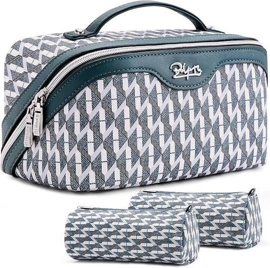 BOYATU Travel Makeup Bags for Women: Large Capacity Cosmetic Bag Set of 3 - Vegan Leather Make up Bags with Compartments - Wide Open Waterproof Toiletry Organizer Bag with Handle (B-01-Royal blue)