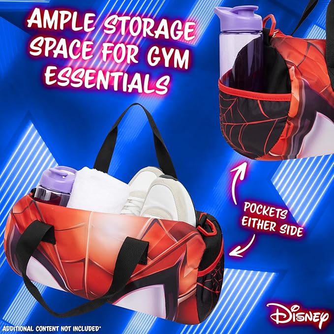 Disney Sports Duffel Bag, 15 x 7 x 7" Holdall 2 Pockets Adjustable Strap (Black/Red Spiderman)