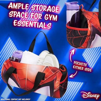 Disney Sports Duffel Bag, 15 x 7 x 7" Holdall 2 Pockets Adjustable Strap (Black/Red Spiderman)