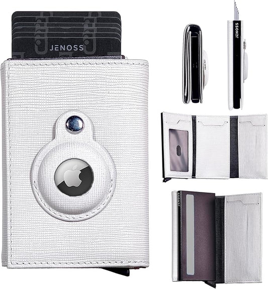 Jenoss Smart AirTag Wallet for Men & Women: Full Grain Leather, Handcrafted, Pop Up Case, Slim, RFID Blocking, Credit Card Holder, Apple Air Tag Tracker Minimalist 9-12 Slot | ID & Cash (Black& Grey)