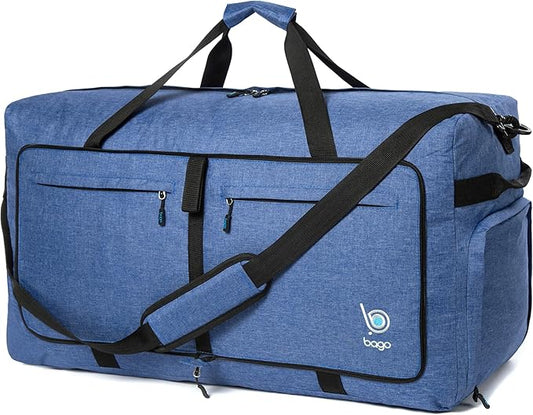 Bago Large Foldable Duffel Bags for Traveling Women & Men - 100L Packable Duffle Bag for Travel with Shoe Compartment - Water Repellant, Heavy Duty, Lightweight Folding & Collapsible (SnowDepBlue)