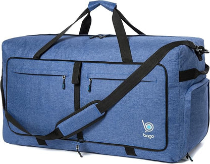 Bago Large Foldable Duffel Bags for Traveling Women & Men - 120L Packable Duffle Bag for Travel with Shoe Compartment - Water Repellant, Heavy Duty, Lightweight Folding & Collapsible (SnowDepBlue)