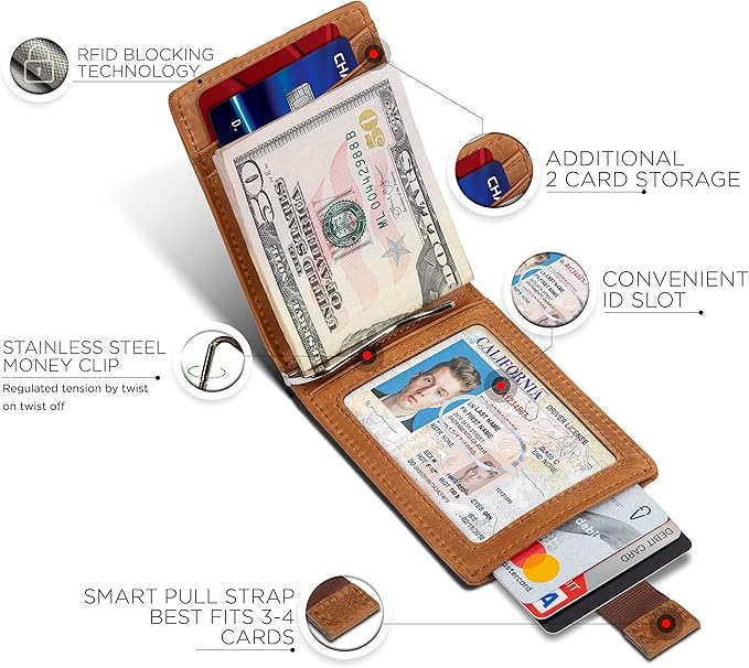 SERMAN BRANDS RFID Blocking Slim Bifold Genuine Leather Minimalist Front Pocket Wallets for Men with Money Clip Thin Mens