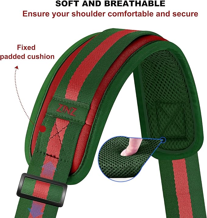ZINZ 74" Shoulder Strap with Fixed Pad and Dual Balanced Buckles，Green-Red-Green Stripe