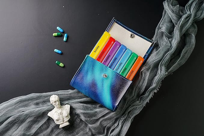 Pill Organizer,LIZIMANDU Weekly Travel Pill Case Box Medication Reminder Daily AM PM, Day Night 7 Compartments,for 4 Times A Day, 7 Days a Week-Includes Leather PU Carrying Case (Northern Light)