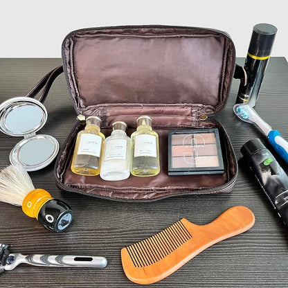 RUSTIC TOWN Leather Toiletry Bag for Men - Shaving Ditty Kit - Travel Gift Bathroom Shower Toiletries Organizer - Cosmetic Makeup Bag for Women (Chocolate Brown)