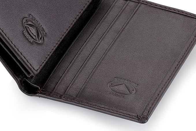 Stealth Mode Leather Trifold RFID Wallet For Men With Flip Out ID Holder (Coffee)