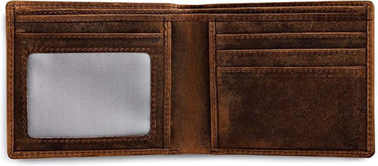 Brown Mens Leather Bifold Wallet with RFID Blocking Theft Protection, 5 card wallet slots & ID Window. Slim minimalist, distressed leather wallets for men.