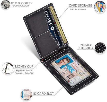 SERMAN BRANDS RFID Blocking Wallet Slim Bifold - Genuine Leather Minimalist Front Pocket Wallets for Men with Money Clip Gift (Charcoal Black)