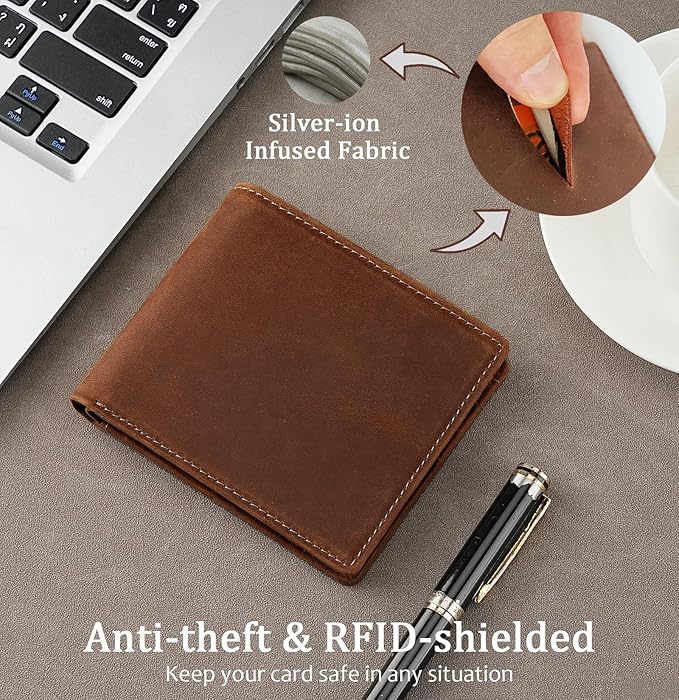 Mens Slim Bifold Wallet RFID Blocking | Genuine Leather Back/Front Pocket Design for Men | 6 Card Slots, 2 Cash Pockets & 1 ID Window | 4x3x0.7″ Thin Horizontal Wallets Christmas Gift Box