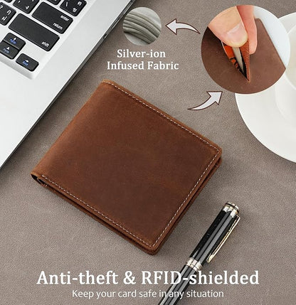 Mens Slim Bifold Wallet RFID Blocking | Genuine Leather Back/Front Pocket Design for Men | 6 Card Slots, 2 Cash Pockets & 1 ID Window | 4x3x0.7″ Thin Horizontal Wallets Christmas Gift Box