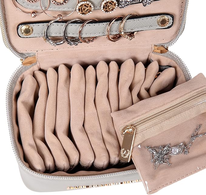 Angelina's Palace Jewelry Organizer Case Bridesmaid Gifts Travel Bag Vegan Leather Box for Necklace Earring Bracelet Ring(pearl grey)