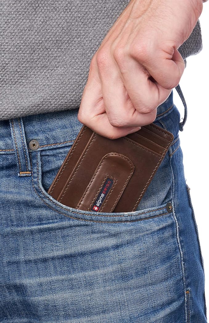 Alpine Swiss RFID Dermot Money Clip Front Pocket Wallet For Men Leather Hampton Collection Glossy Nappa Brown