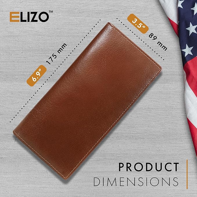 ELIZO Men's Genuine Leather Long Wallet - RFID Blocking Rodeo Checkbook Wallet | Slim Western Bifold Wallet with 16 Card Slots, ID Window | Top Grain Leather Cowboy Wallet