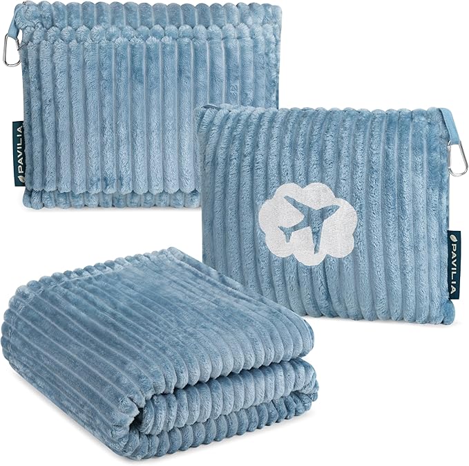 PAVILIA Travel Blanket Pillow in Soft Bag with Pockets, Airplane Blanket Set, Plane Blanket Compact Packable, Flight Essentials Car Pillow, Travelers Accessories Gifts, Luggage Strap, Dusty Light Blue