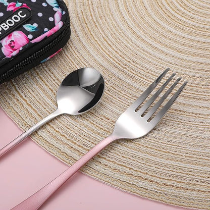 Travel Utensils,Reusable Silverware Set To Go Portable Cutlery Set with a Waterproof Carrying Case for Lunch Boxes Workplace Camping Picnic (GraPink)