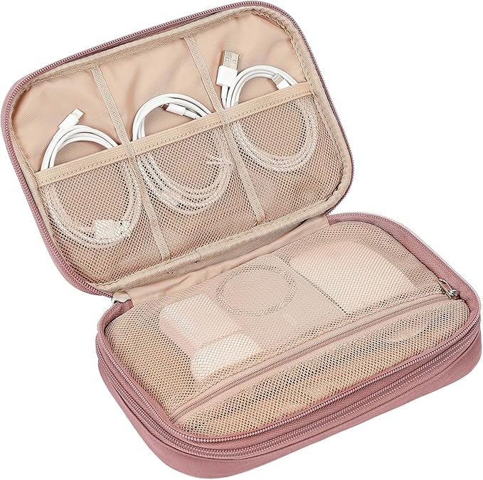 NISHEL Travel Cord Organizer Case, Double Layers Tech Electronic Bag, Essentials for Charger, Cable, Phone, Flash drive, Large, Rose-wood Pink