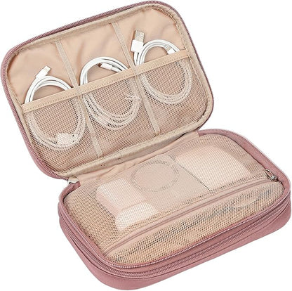 NISHEL Travel Cord Organizer Case, Double Layers Tech Electronic Bag, Essentials for Charger, Cable, Phone, Flash drive, Large, Rose-wood Pink