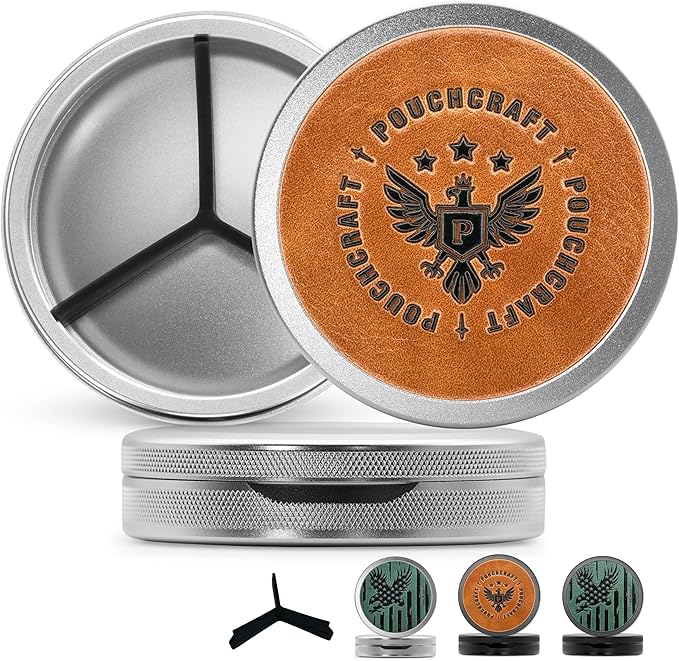 Leather-Faced Metal Pouch Can | Metal Container | Slim EDC Pocket Tin | Airtight & Moisture-Resistant | Daily Organizer | Pill Case & Travel Tin | Father’s Day Gift for Dad | (Insignia Ed, Silver)