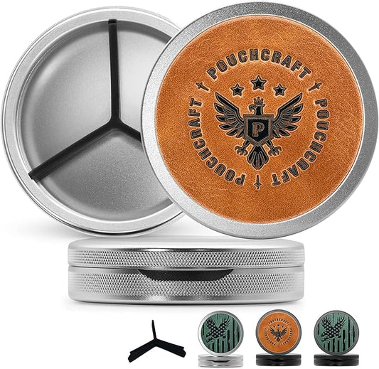 Leather-Faced Metal Pouch Can | Metal Container | Slim EDC Pocket Tin | Airtight & Moisture-Resistant | Daily Organizer | Pill Case & Travel Tin | Father’s Day Gift for Dad | (Insignia Ed, Silver)