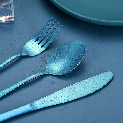 Portable Stainless Steel Flatware Set, Travel Camping Cutlery Set, Portable Utensil Travel Silverware Dinnerware Set with a Waterproof Case (Light Blue)